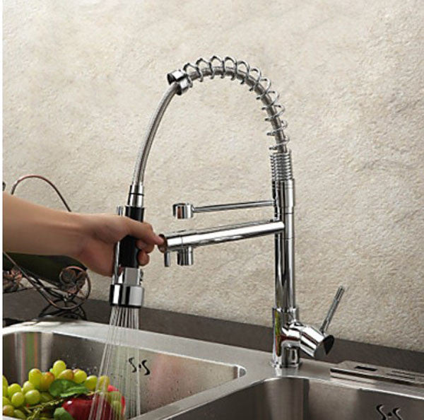 Contemporary Chrome Finish Solid Brass Kitchen Faucet Two Spouts