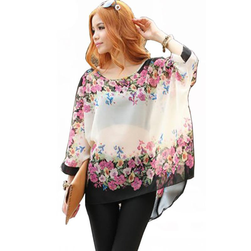 Boho Style Women Chiffon Blouse Floral Print Tops Shirt for Women Clot