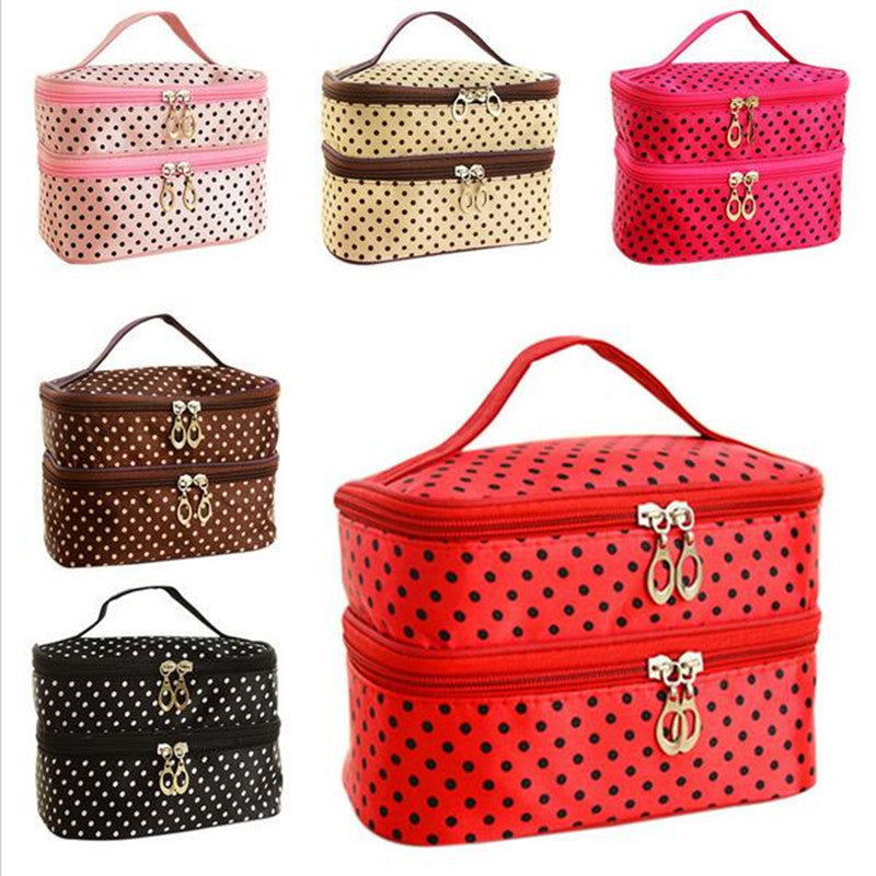 Fashion Double layer small dots cosmetic bag makeup tool storage bag m – Onlinediscountshop