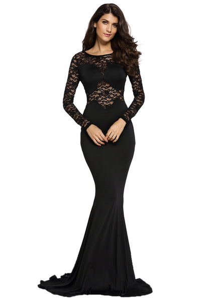 Ladies Floor Length Dresses Black Lace Long Sleeve Evening Mermaid