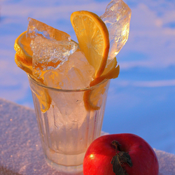 Glass of ice with citrus in it and blue water in the background