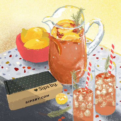 Iced Tea with lemons pitcher and Sips by Box illustration