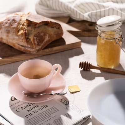Breakfast tea scene with Opal Milk Glass Teacup Saucer in Peach