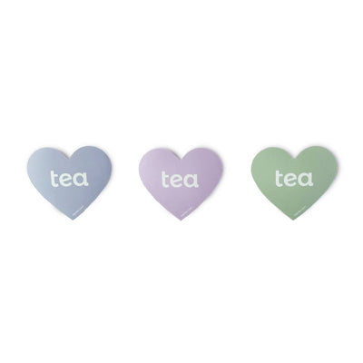 Tea Heart Sticker Pack in "bloom" colors that include, lavender, genmaicha, and rose stickers