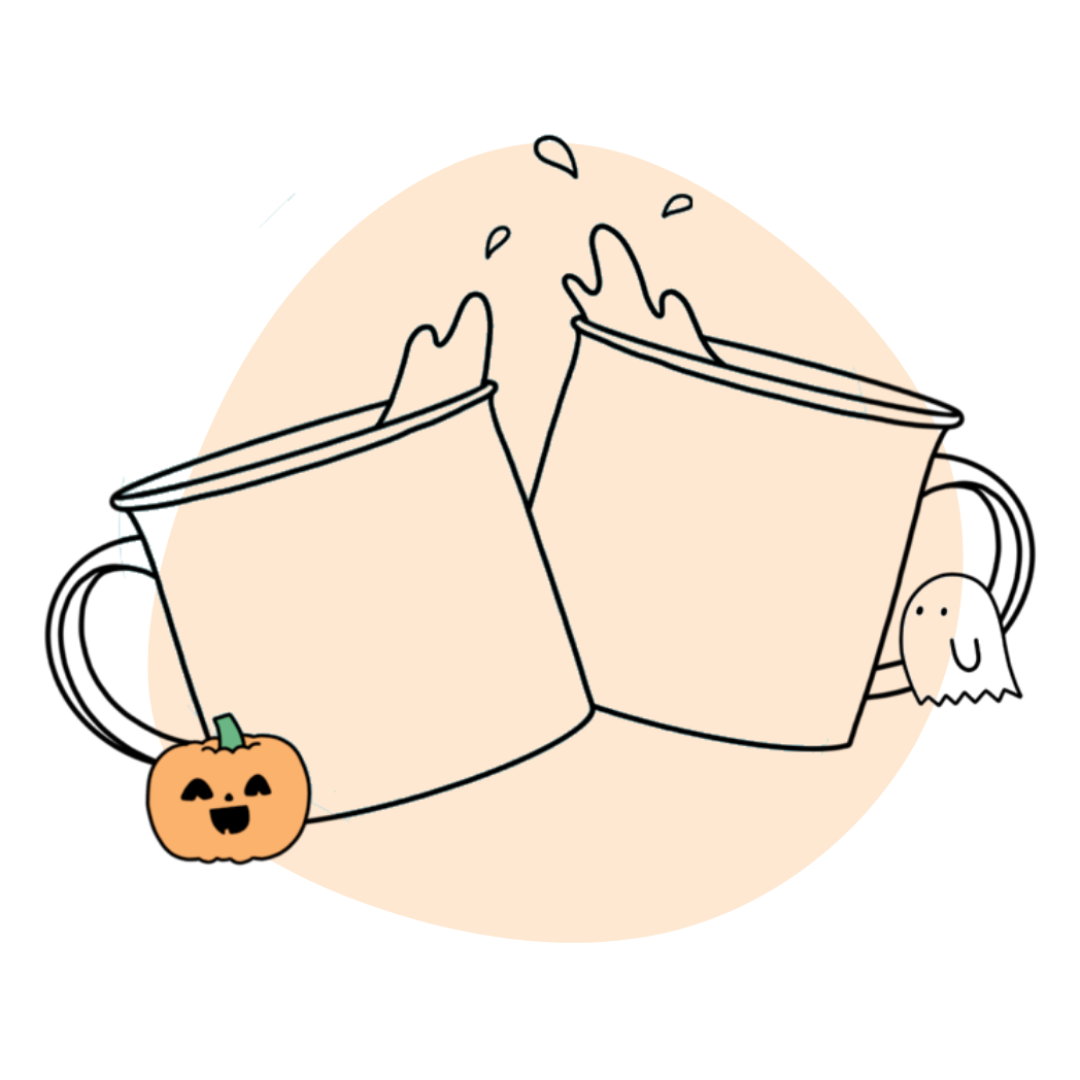 Two Mugs with Pumpkin Tea and carved pumpkin and ghost illustration