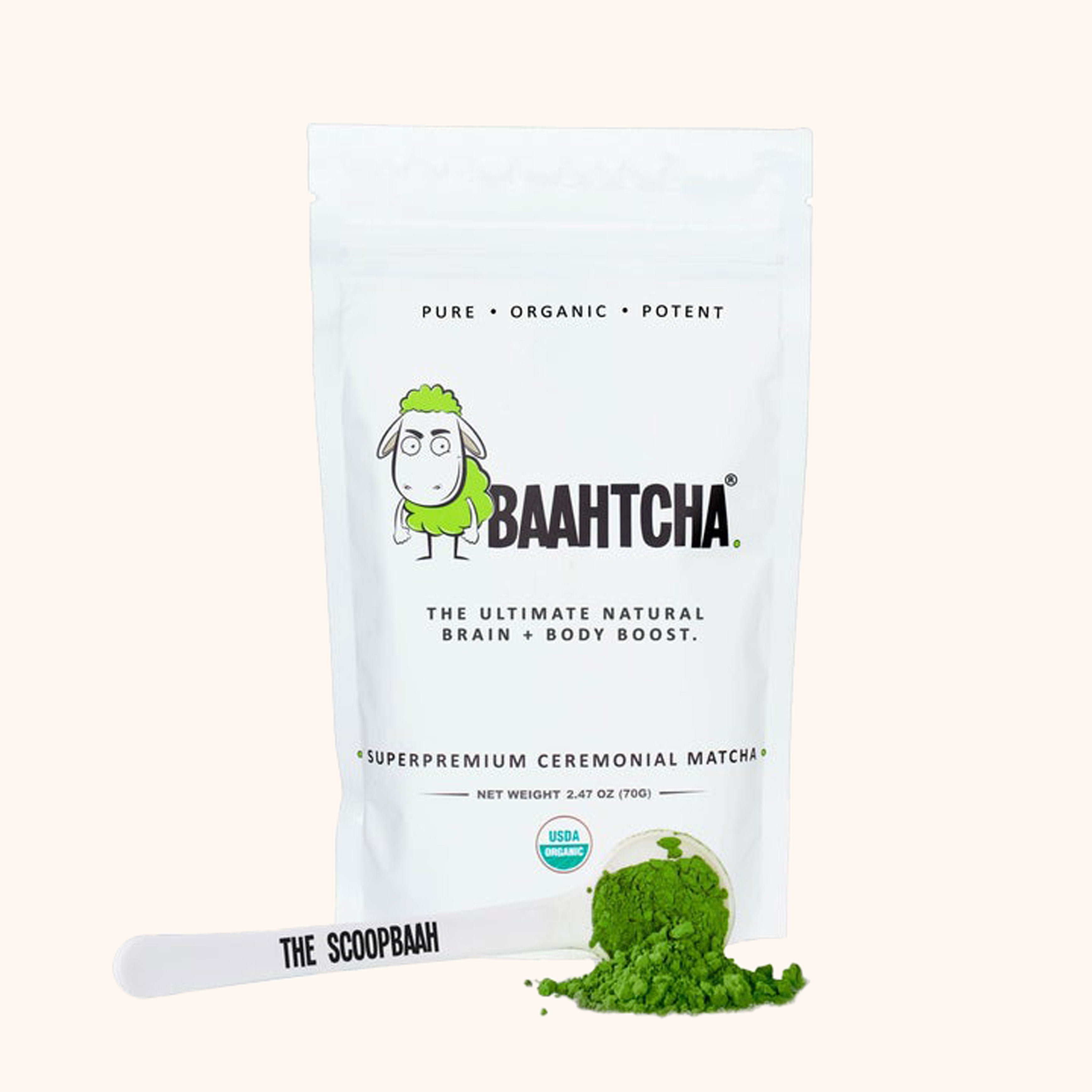 PURE * ORGANIC * POTENT THE ULTIMATE NATURAL BRAIN BODY BOOST. SUPERPREMIUM CEREMONIAL MATCHA? NET WEIGHY 2.47 OZ 70G 