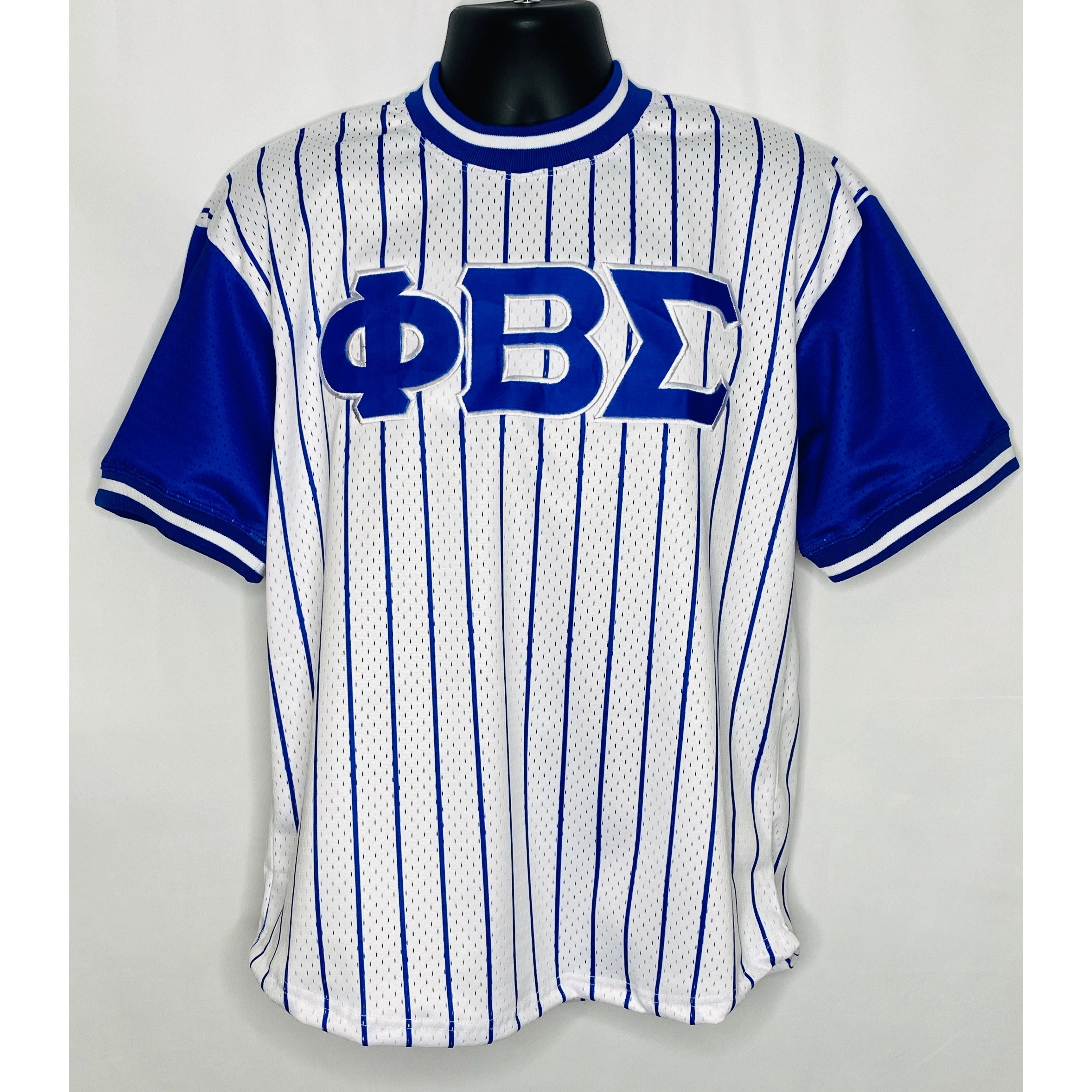 blue pinstripe baseball jersey