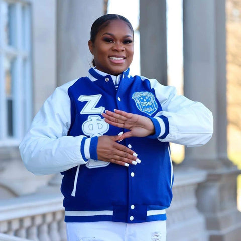 Royal Blue and White Varsity jacket with Leather Sleeves