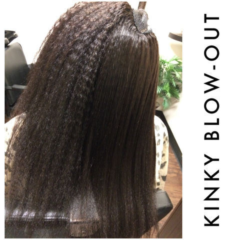 Side by side picture of kinky blown out hair extensions showing one side flat ironed and the other texture hair bundle 
