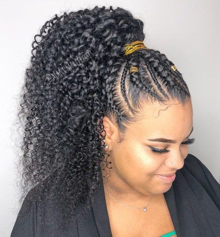 Classic braid ponytail look with curly hair. Great for the office