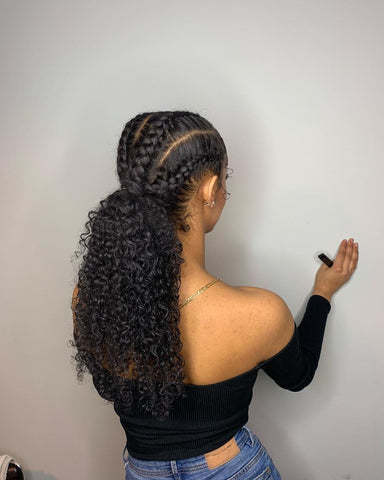 Cornrow braided ponytail with curly hair weave