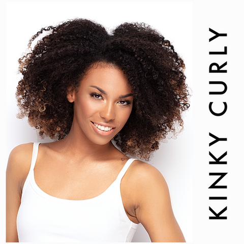 Beautiful woman wearing kinky curly hair with blonde tips. SL Raw virgin human hair extensions 