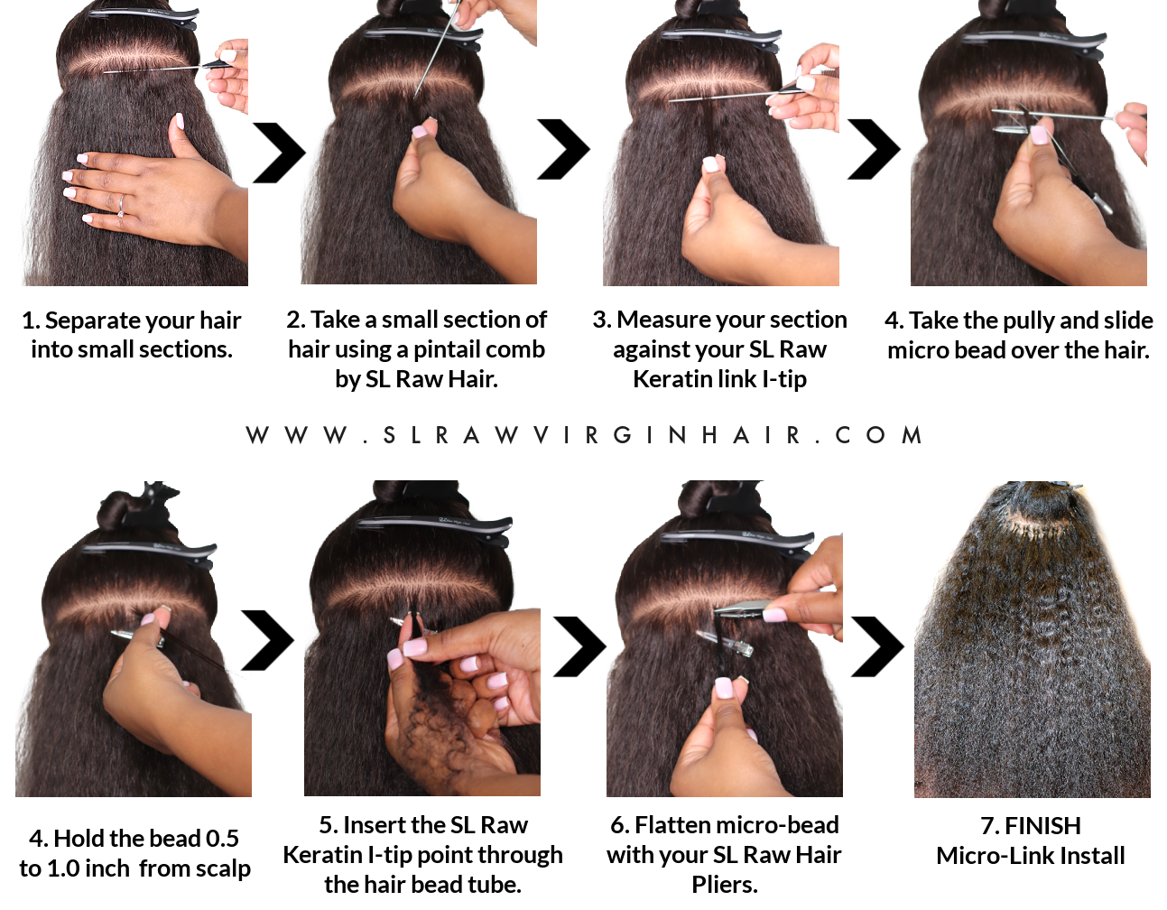 Comment installer étape par étape une extension de cheveux à micro-liens. Diagramme sur les cheveux noirs bouclés pour les femmes utilisant les cheveux de SL Raw Virgin Hair.