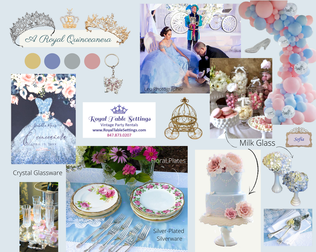 A Royal Quinceanera Mood Board Pink Blue Gold Silver by Royal Table Settings Party Rentals 2022