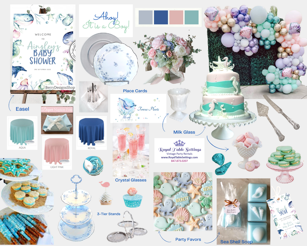 Teal Pink Blue and Silver Moodboard Baby Shower Sea or Beach Theme by Royal Table Settings, Party Rentals.
