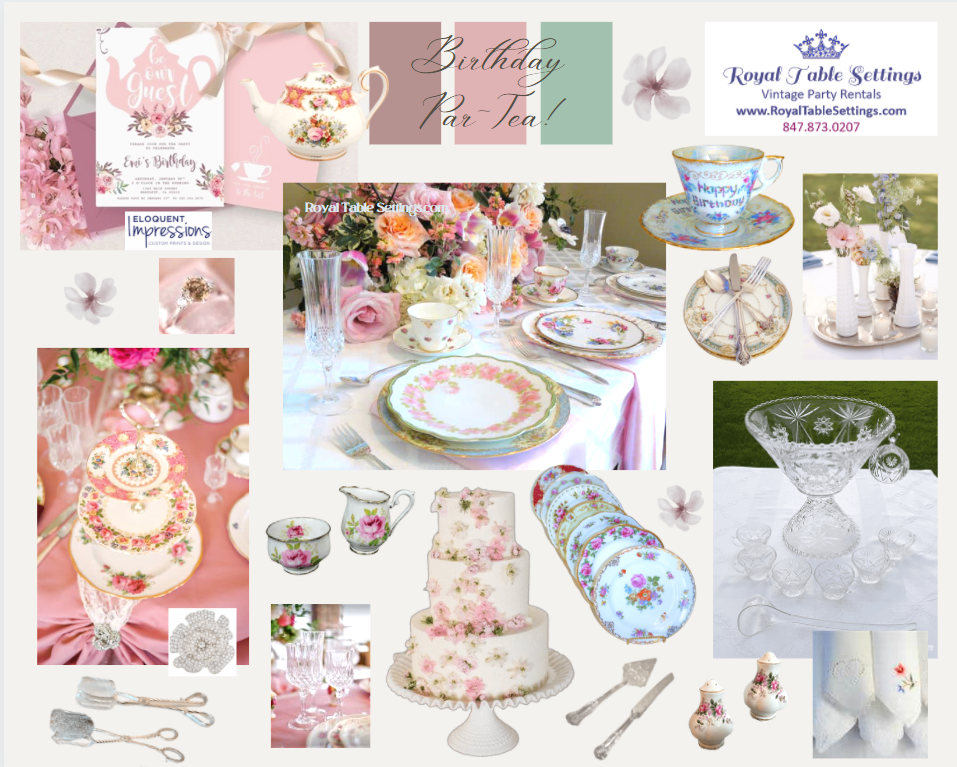 Tea Party Mood Board with Pinks Silver Crystal by Royal Table Settings, Vintage Party Rentals.