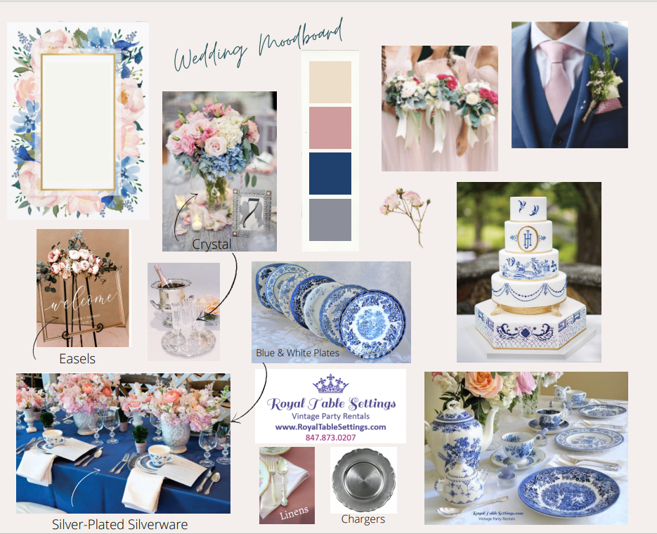 Blue Pink Silver White Wedding Mood Board