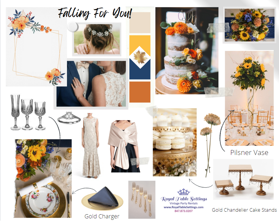 Fall Orange Blue Yellow Gold Cream Color Wedding Mood Board