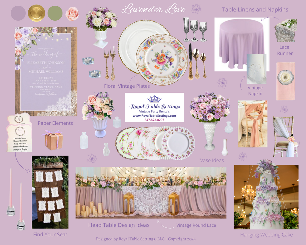 Lavender Lilac Purple Color Tablescape Mood Board by Royal Table Settings