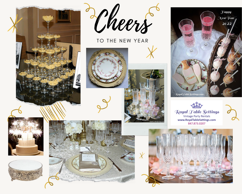 New Years Eve Mood Board with Crystal Glasses Champagne Tower Cake Stands and more by Royal Table Setttings 2022