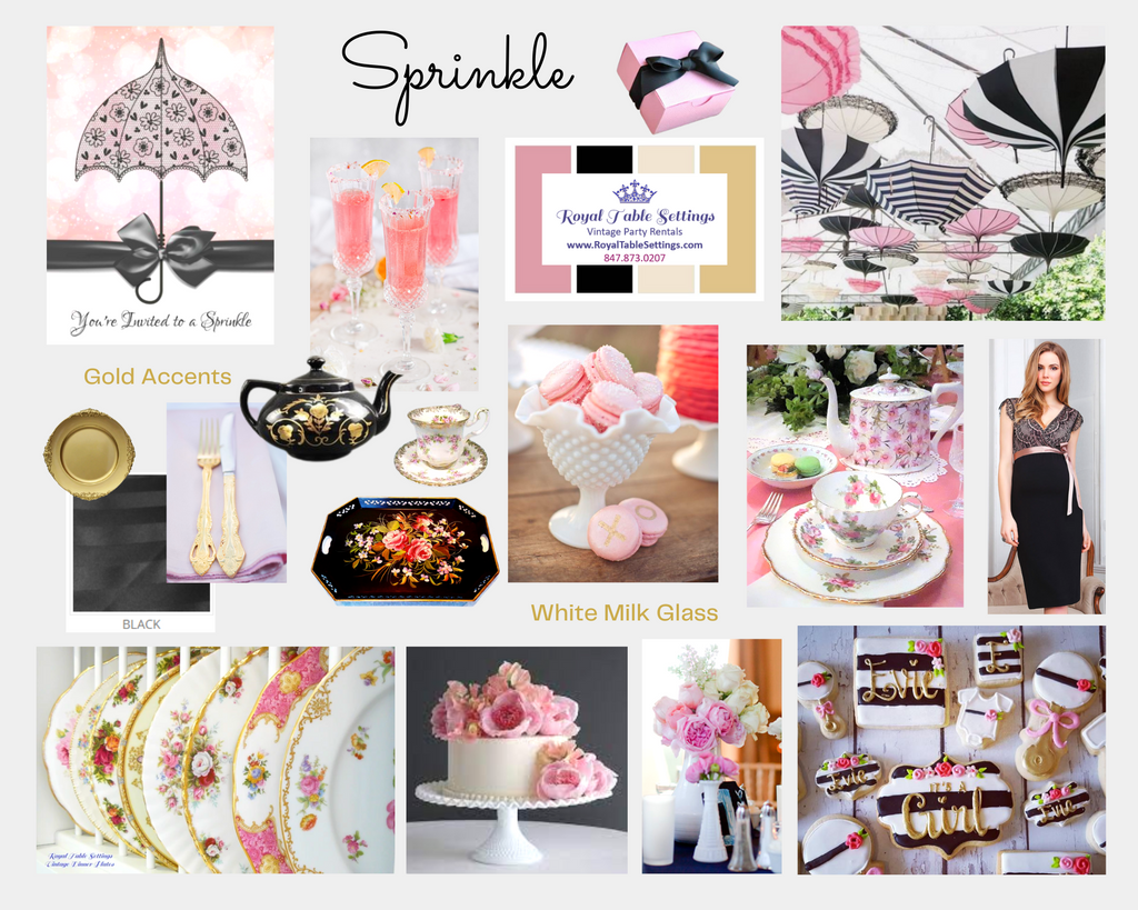 Sprinkle Baby Shower Mood Board Pinks, Gold and Black by Royal Table Settings, Vintage Party Rentals.