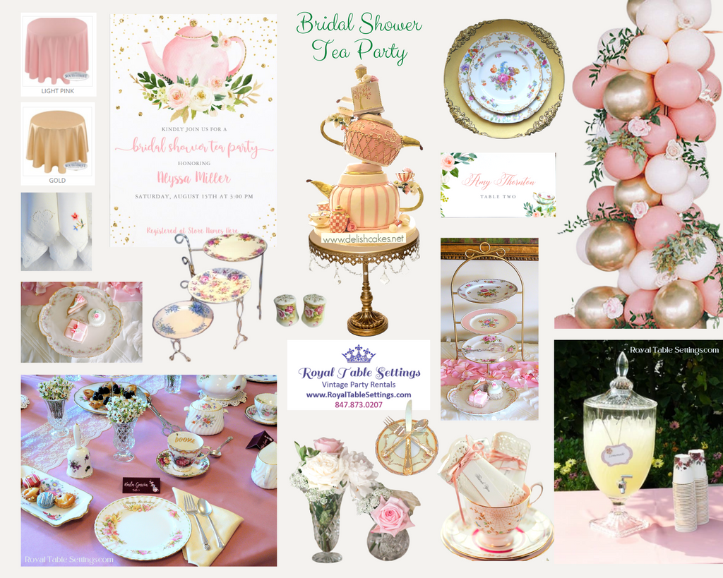 Pink Gold and Green Teapot Tea Party Theme Moodboard Bridal or Baby Shower Sea or Beach Theme by Royal Table Settings, Party Rentals.