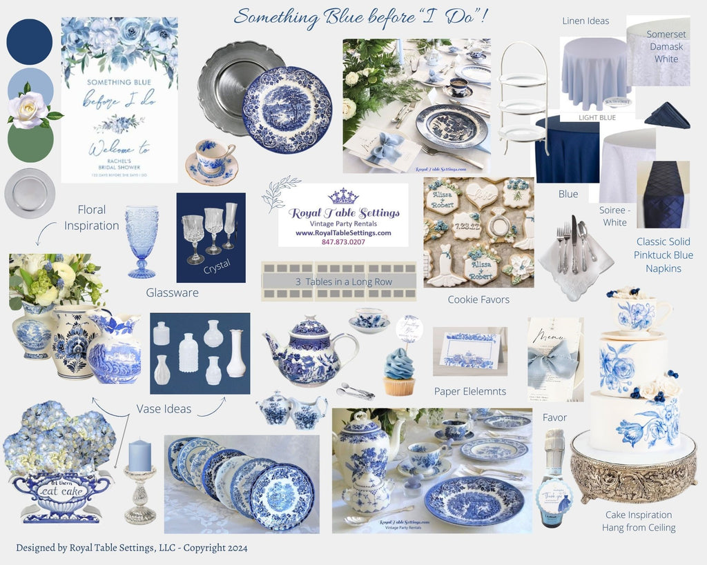 Something Blue before I do Moodboard with Blue and White Tea China and more by Royal Table Settings Party Rentals