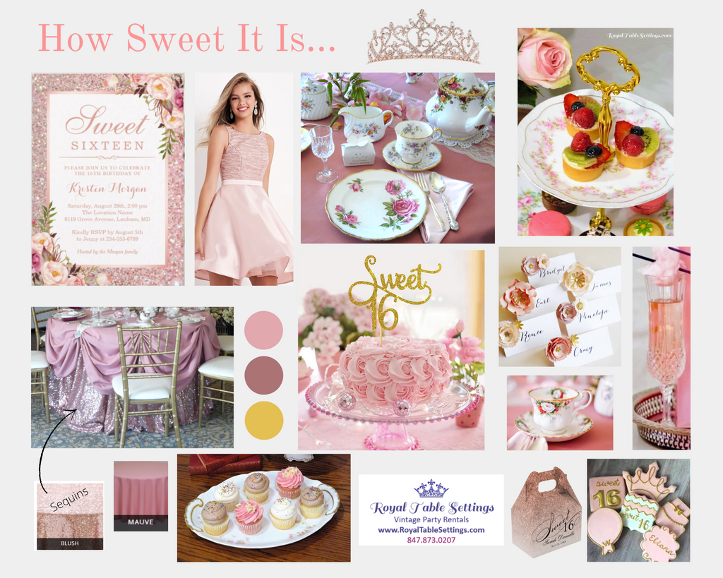 Sweet 16 Tea Party Mood Board with Pinks, Gold and Crystal by Royal Table Settings, Vintage Party Rentals.