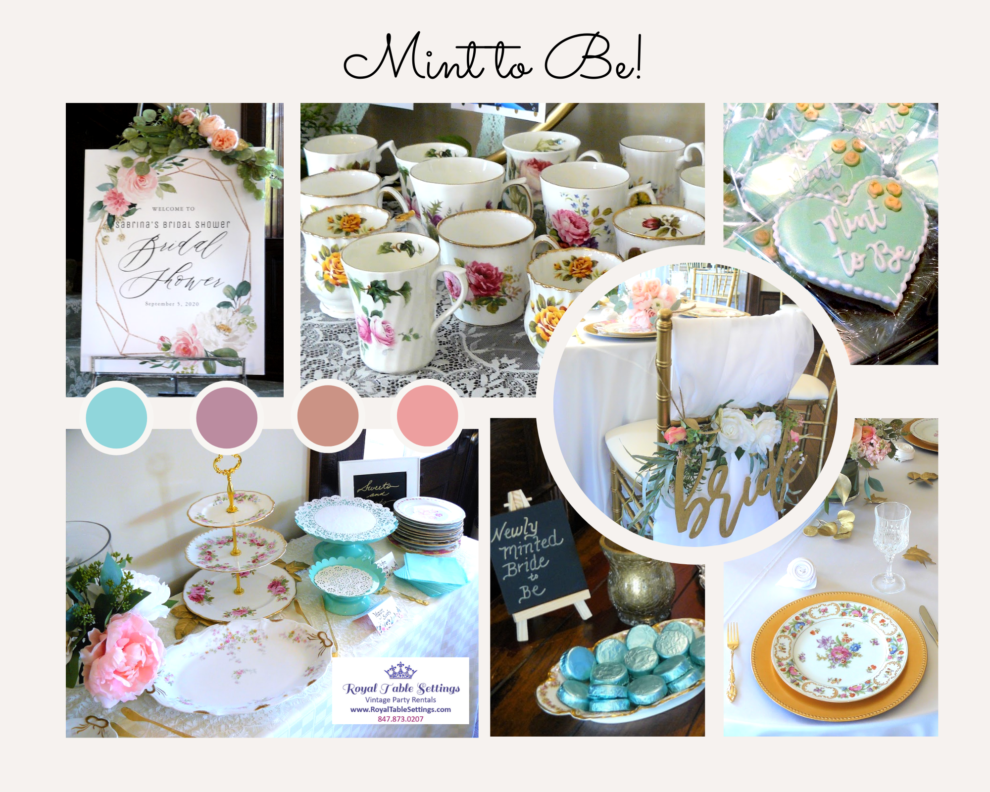 Mint Green Pink Blush Bridal Shower Mood Board by Royal Table Settings