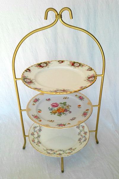 High Tea 3-Tier Stand - Gold Frame with Vintage Plates. Vintage Party Rentals. Royal Table Settings.