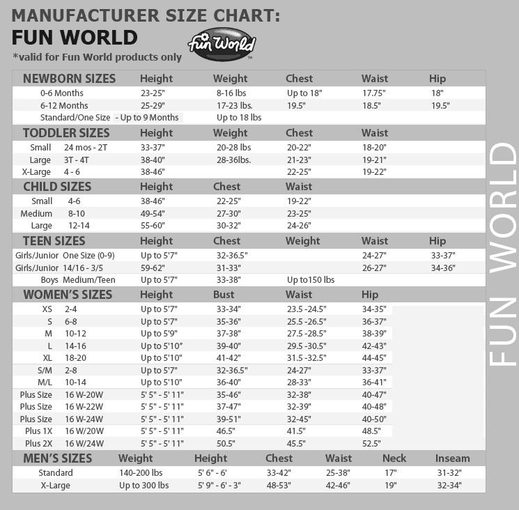Funworld Size Chart - Costume World NZ | Costume World NZ