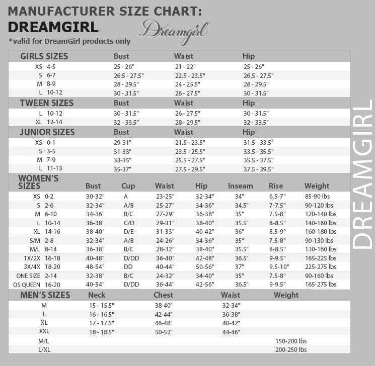 Dreamgirl Costume Size Chart