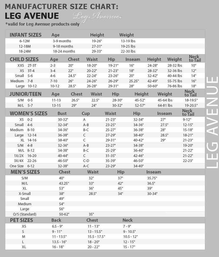 Leg Avenue Size Chart | Costume World NZ