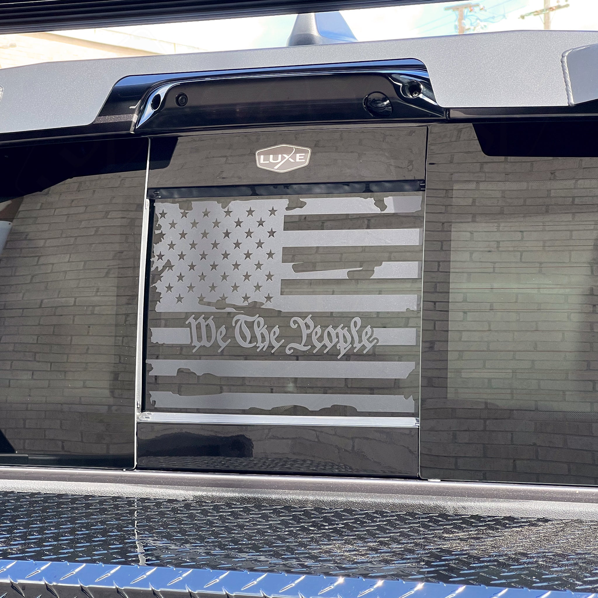 2019+ RAM Back Power Sliding Middle Window Vinyl Decal - Matte Black Distressed We The People Flag  