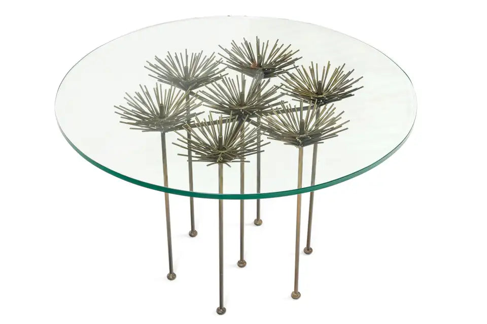 Brutalist Bronze Gilt Floral Table with Glass Top