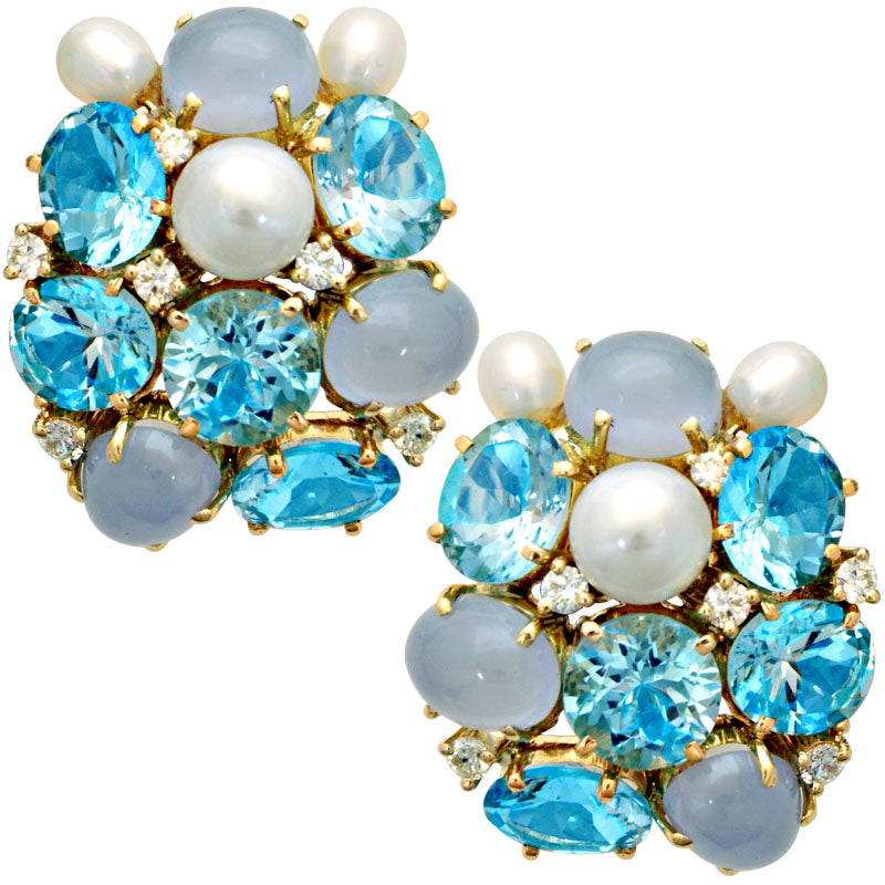 Earrings - Blue Topaz, Chalcedony, Pearl and Diamond