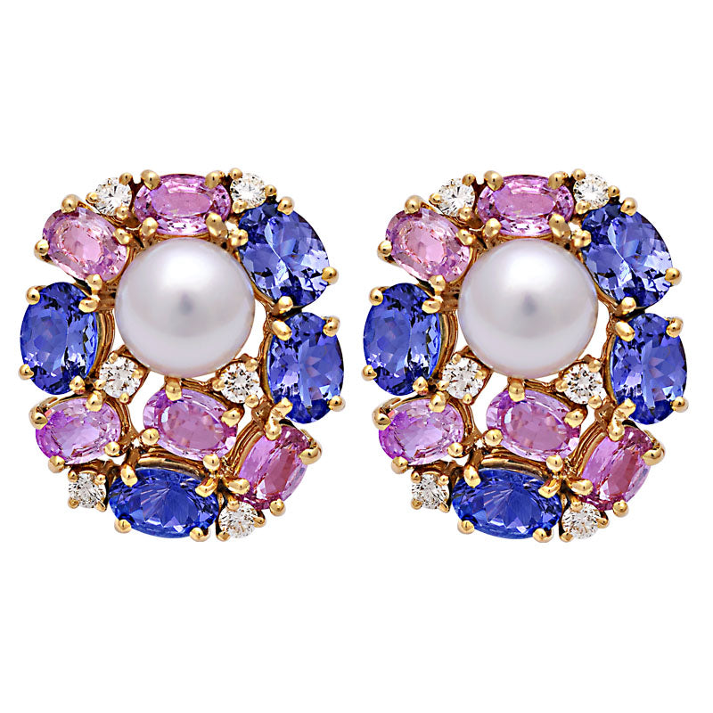 Earrings - Tanzanite, Pink Sapphire, South Sea Pearl and Diamond