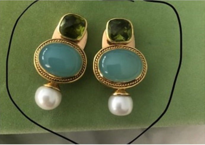 Earrings - Chalcedony, Peridot and Pearl