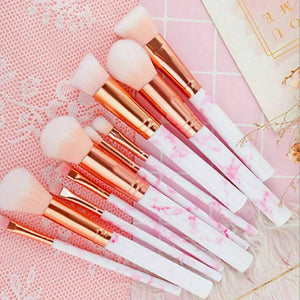 10 Piece Pink and White Marble Kabuki Professional Make-up Brush Set