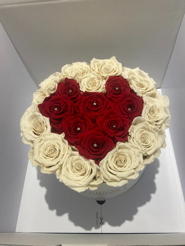 heart shaped box of infinity roses