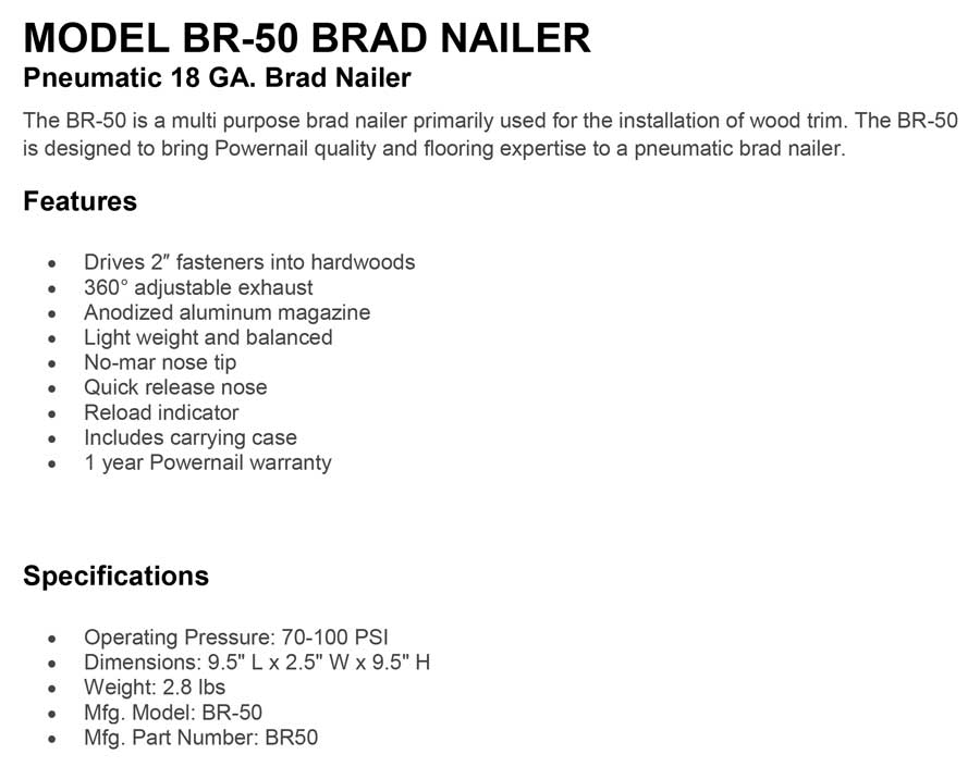 Model BR50 18-Gauge Straight Brad Nailer (REFURBISHED) - Powernail -  Professional Grade Flooring Installation Tools & Fasteners