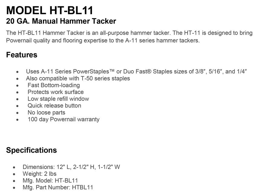 Powernail Model-HT-BL11-20-GA.-Manual-Hammer-Tacker