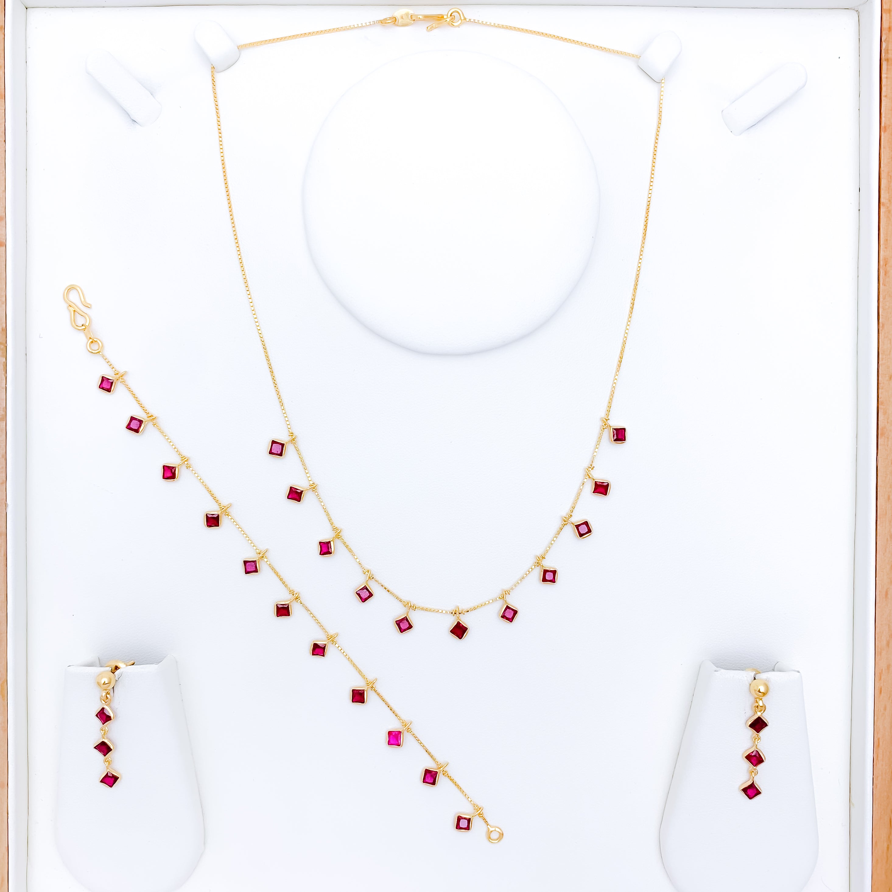 Dark Red Hanging Squares Necklace Set w/ Bracelet