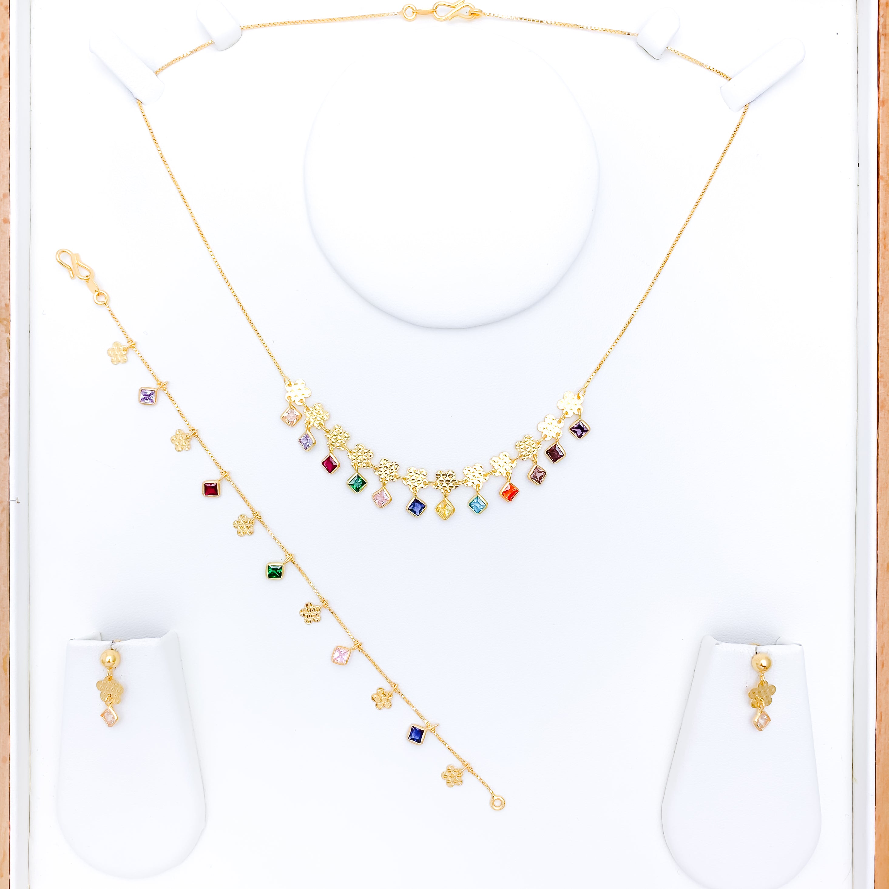 Multi-Color Floral Hanging CZ Necklace Set w/ Bracelet
