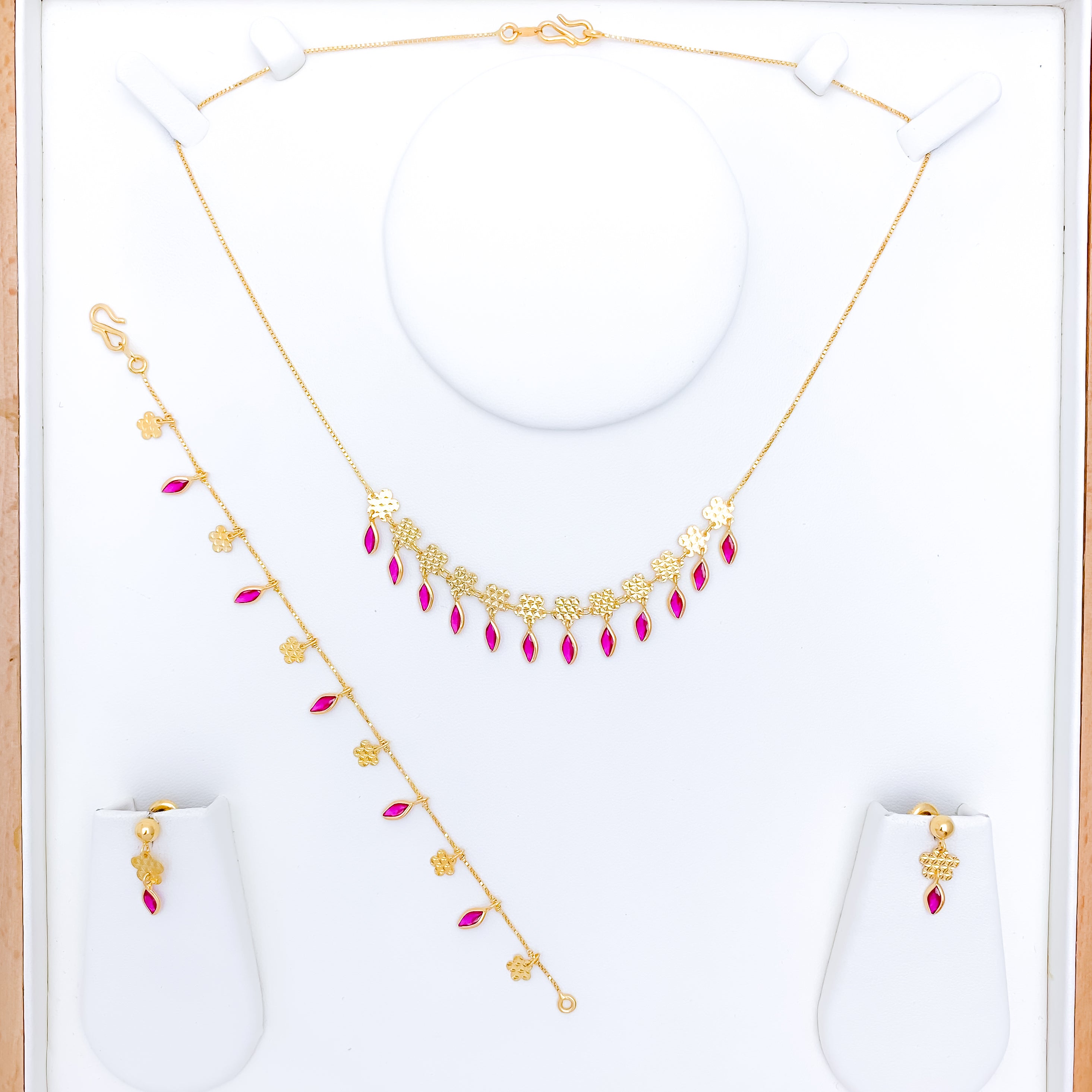 Flower Accented Deep Red CZ Necklace Set w/ Bracelet