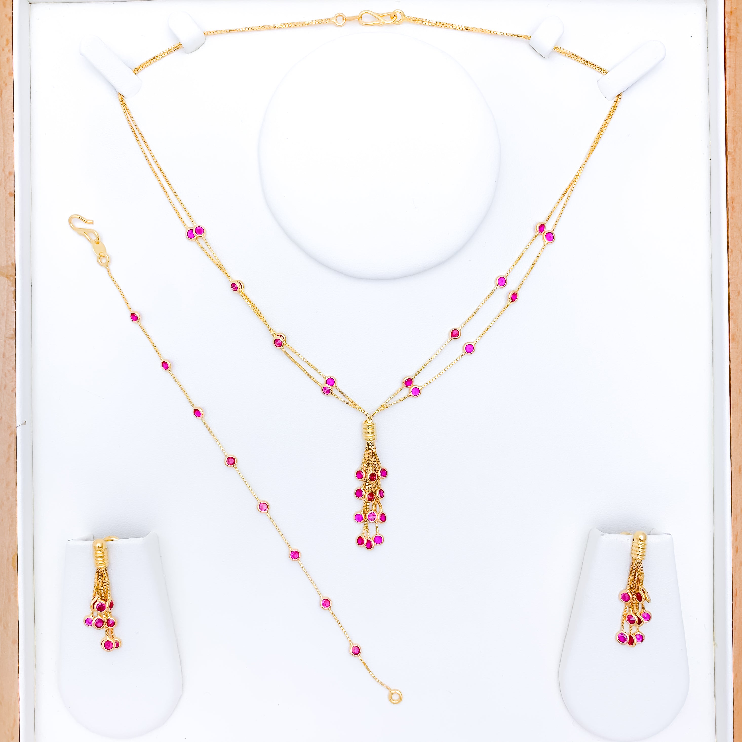 Fancy Two-Chain Pink CZ Drop Necklace Set w/ Bracelet