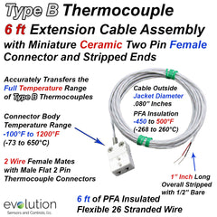 Type B Thermocouple Extension Cable Assembly - 6ft Long Wire Leads and Miniature Ceramic Female Connector and Stripped End Terminations