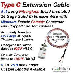 Type C Thermocouple Extension Cable with High Temperature Fiberglass Braided Wire. Miniature Ceramic Female Connector and Stripped End Terminations