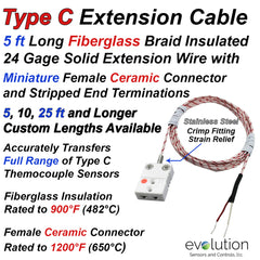 Type C Thermocouple Extension Cable with Miniature Ceramic Female Connector and Stripped Ends Termination