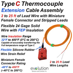 Type C Thermocouple Extension Cable Assembly with FEP Insulated Wire Leads - Miniature Plastic Flat Pin Female Connector and Stripped Ends Termination